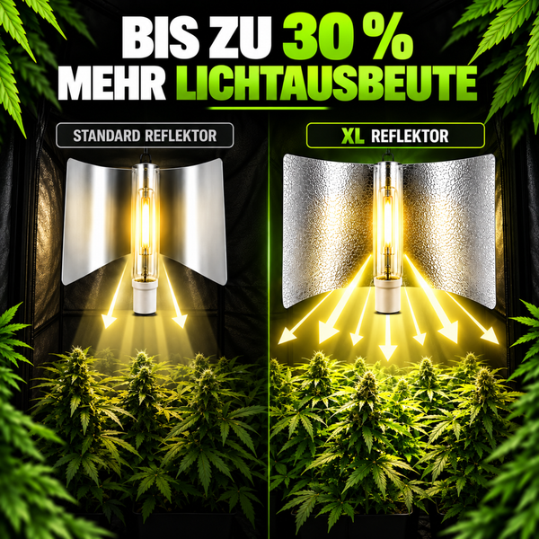 Vergleich zwischen Standard Reflektor und XL Reflektor für Pflanzenbeleuchtung mit Lichtausbeute Darstellung für Pflanzen in einer Growbox.