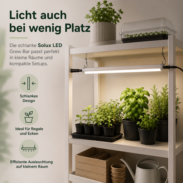 Solux LED Pflanzenlampe als kompakte Lichtleiste zur Beleuchtung von Kräutern und Zimmerpflanzen in einem Regal mit Zubehör