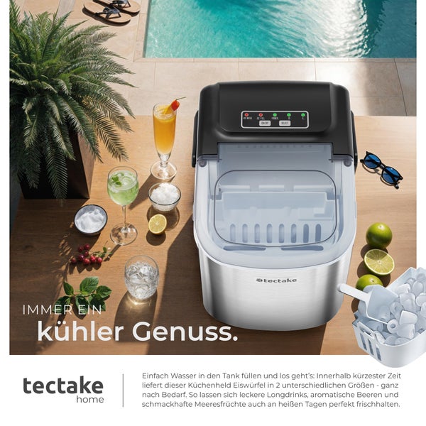 Eiswürfelmaschine tectake Arctic inklusive Eiskorb und Eisschaufel 1,2 l Wassertank, 2 Eiswürfelgrößen silber