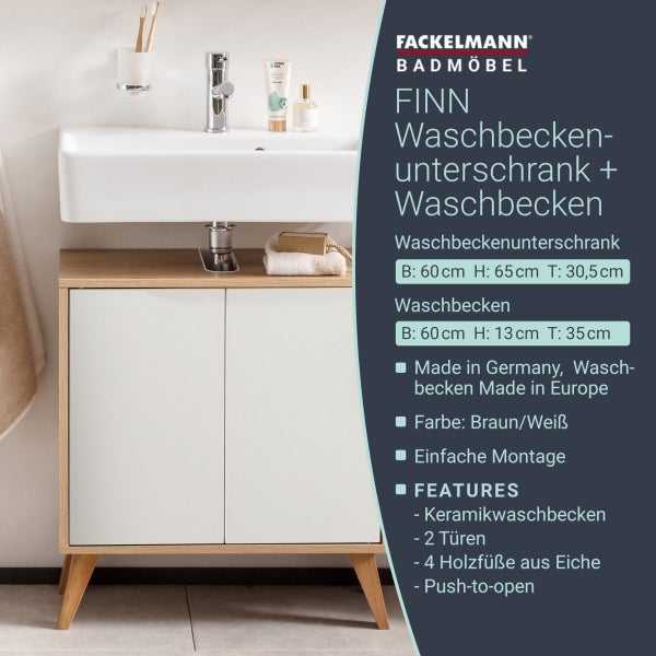 FACKELMANN FINN Badmöbel Set 3 Teile / Waschbecken / Waschbeckenunterschrank / 4 Holzfüße / Badschrank mit Push-to-Open / Korpus & Front: Weiß / Rahmendekor & Füße: Braun hell / Breite: 60 cm
