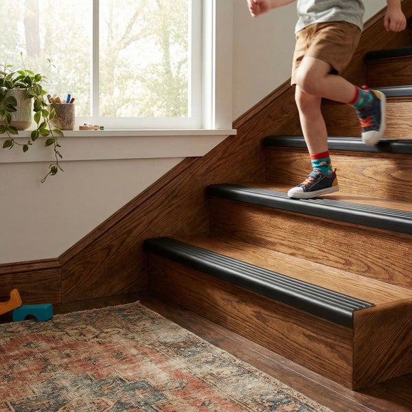 Kind geht Holztreppe mit schwarzen Antirutsch-Treppenkantenprofilen hinauf, helles Zimmer mit Fenster, Pflanzen und gemustertem Teppich.