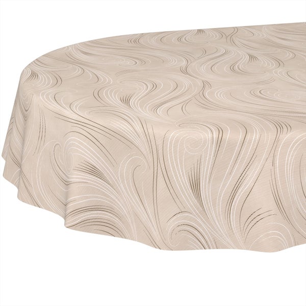 Runde beige Tischdecke mit abstraktem Wellenmuster.