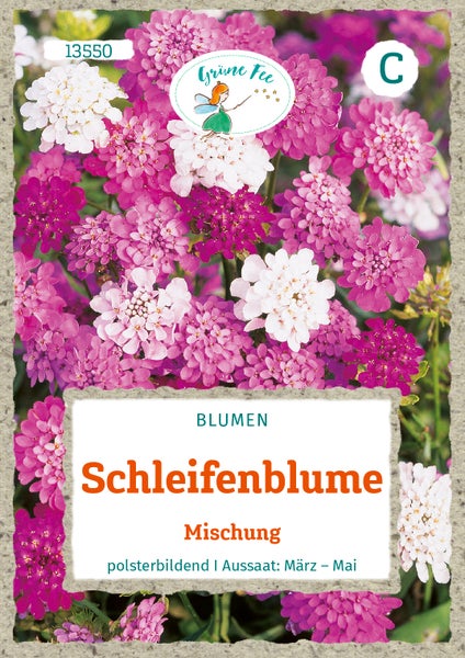 Samentüte Grüne Fee Schleifenblume Mischung mit rosa, violetten und weißen Blüten, Aussaatzeit März bis Mai.