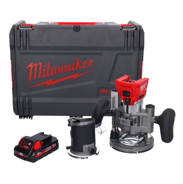 Milwaukee Akku-Oberfräse Set mit M18 Akku, zweitem Fräskorb und Werkzeugkoffer mit Milwaukee Logo.