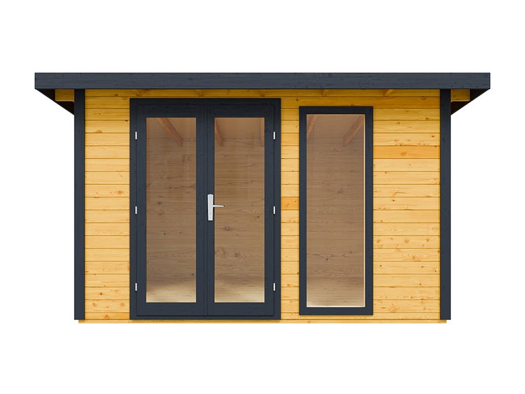 Gartenhaus aus Holz mit Flachdach, Doppeltür mit Glaseinsatz und einem bodentiefen Fenster.