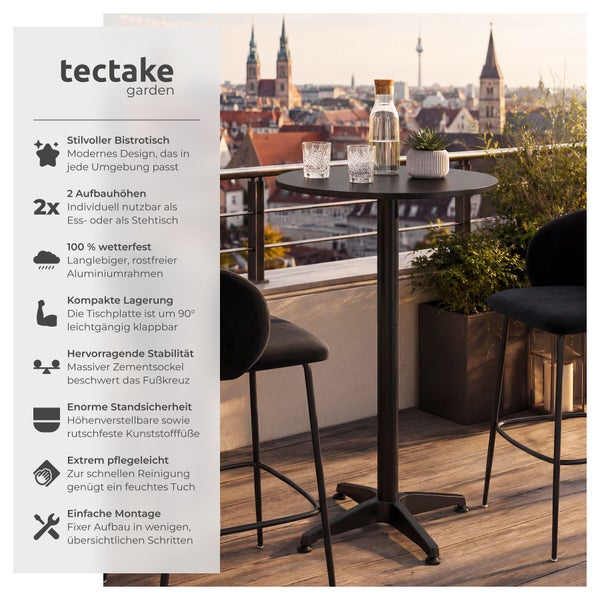 Schwarzer Bistrotisch und Barhocker auf Balkon mit Stadtblick, wetterfester Aluminiumrahmen, klappbare Tischplatte, stabil und tectake garden Logo.