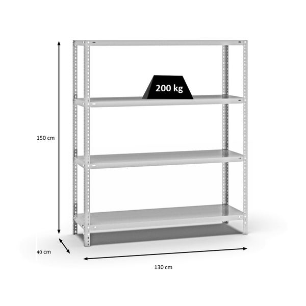 PROREGAL Fachbodenregal Schraubsystem Medium-Duty Grundregal HxBxT 150 x 130 x 40 cm 4 Ebenen Fachlast 200 kg Beidseitig Nutzbar Lichtgrau