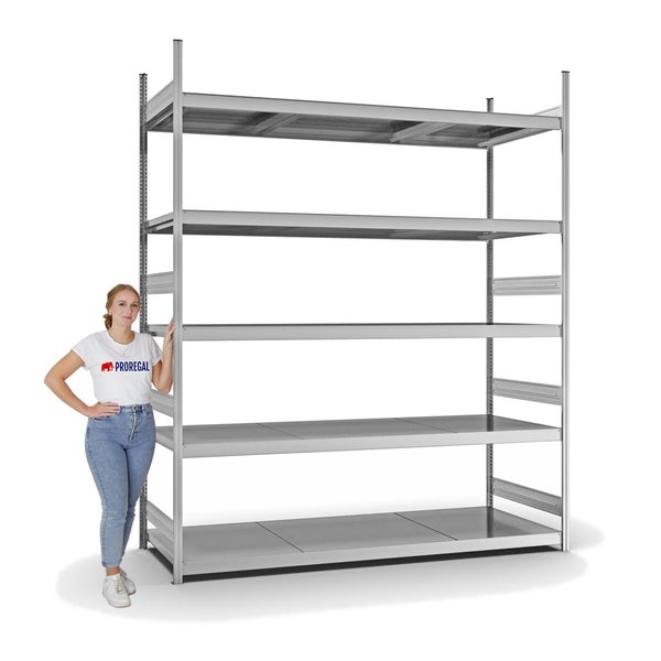 PROREGAL Weitspannregal Stecksystem T-Profil Grundregal HxBxT 300x250x80 cm 5 Ebenen Stahlplatten Fachboden Fachlast 350 kg Verzinkt