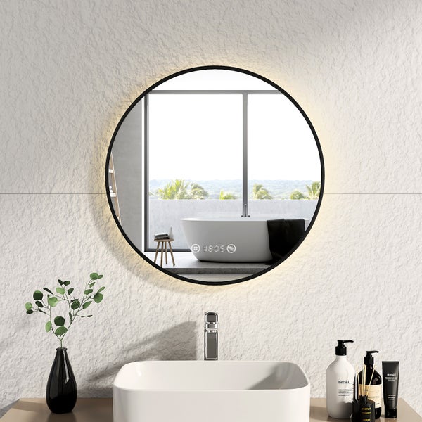 EMKE Badspiegel mit Beleuchtung, runder LED-Spiegel mit Touchschalter und Uhr, Badspiegel mit schwarzen Rahmen, ф60cm, Neutralweiß