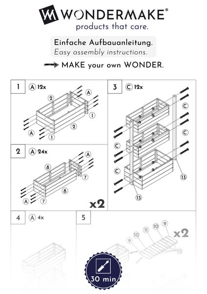 WONDERMAKE® Großes Design Vertikalbeet mit 3 Etagen aus Holz für Outdoor Balkon Garten Wand stehend, Hochbeet vertikal XL Kästen Cube für Kräuter Erdbeeren Blumen, 85x38x110 cm, weiß grau anthrazit