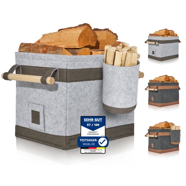 OAKAGE® FireMaster Duo Hellgrau Holzkorb Filz - Einhängbarer Zündholzkorb - 42x32x35cm