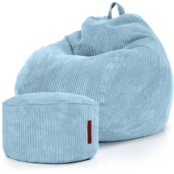 Green Bean 2er Set Indoor XXL Sitzsack + Pouf mit EPS-Perlen Füllung - Fußhocker Fußkissen Hocker Bodenkissen Liegekissen Sitzkissen Lounge Chair - Hellblau