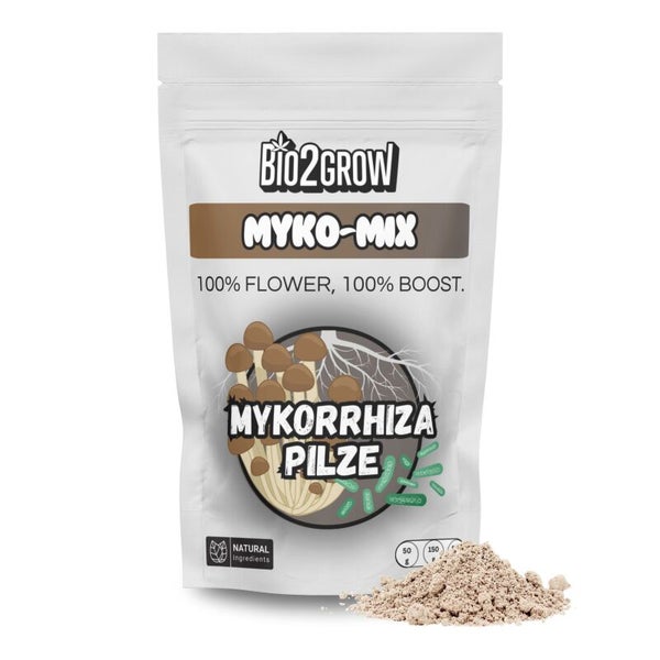 Bio2Grow Myko-Mix Verpackung mit Mykorrhiza Pilzen und Aufschrift '100% Flower, 100% Boost'.
