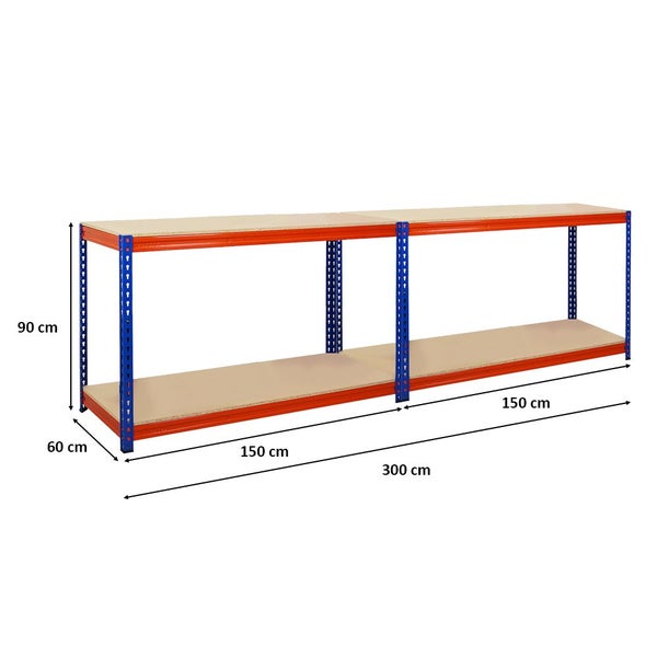 PROREGAL Mega Deal 2x Profi Werkbank STRONG BEAST, HxBxT 90x150x60cm mit Fachlast 500kg, 2 Ebenen, Blau-Orange
