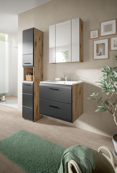 Badezimmermöbel-Set aus Waschtischunterschrank, Keramikbecken, Spiegelschrank und Hochschrank in Holzoptik mit anthrazitfarbenen Fronten.