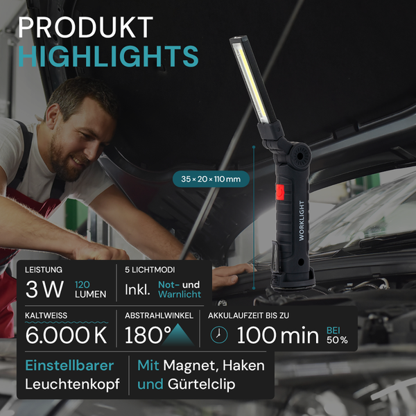 Arbeitsleuchte mit fünf Lichtmodi, Magnet, Haken und Gürtelclip vor einem Auto