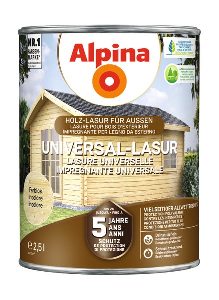 Alpina Universal-Lasur farblos für außen in der 2,5 Liter Dose, geeignet für Holzoberflächen mit bis zu fünf Jahren Schutz.