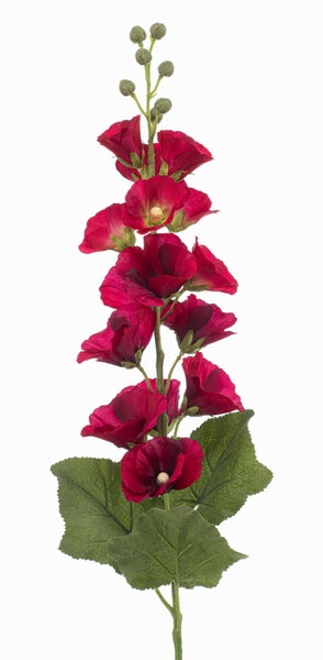 Künstliche Stockrose mit roten Blüten, grünen Blättern und Knospen am Stiel.