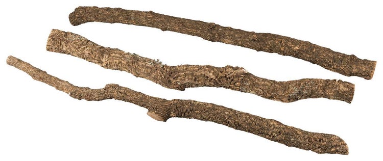 Drei Naturkork-Äste für Terrarien oder Dekoration mit strukturierter Rinde.