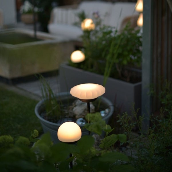 Garten mit mehreren beleuchteten dekorativen Außenleuchten