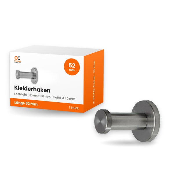 Einzelner Kleiderhaken aus Edelstahl mit 52 Millimeter Länge und Orange Commerce Logo auf der Verpackung.