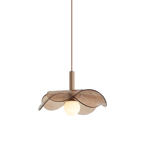 Moderne Pendelleuchte mit blütenförmigem Glasschirm und mittiger Lichtkugel an einer Abhängung für die Deckenmontage