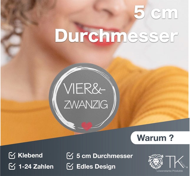 Aufkleber mit Zahlen von 1 bis 24, selbstklebend, Durchmesser 5 cm