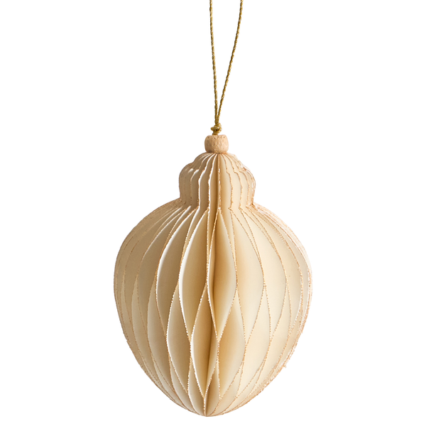 Weihnachtsbaumschmuck aus Papier in Zwiebelform mit goldenem Glitzerrand und Holzperle.