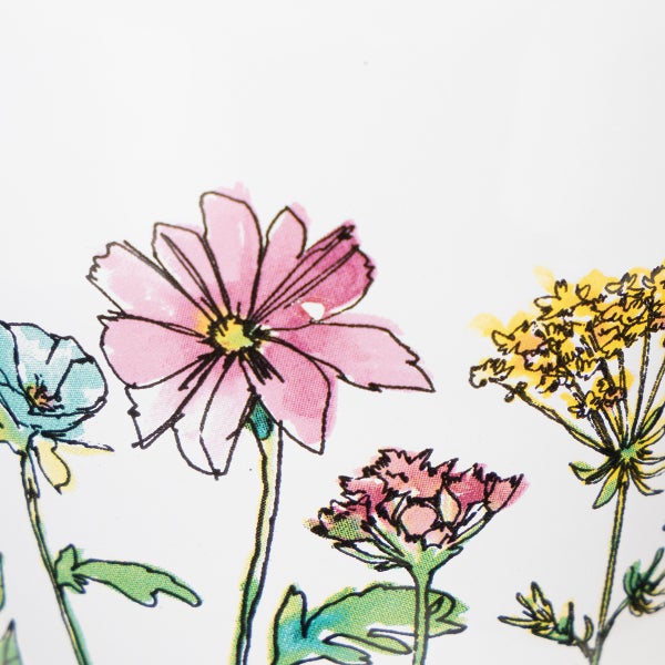 Illustration verschiedener Blumen mit Stielen und Blättern im Aquarellstil.
