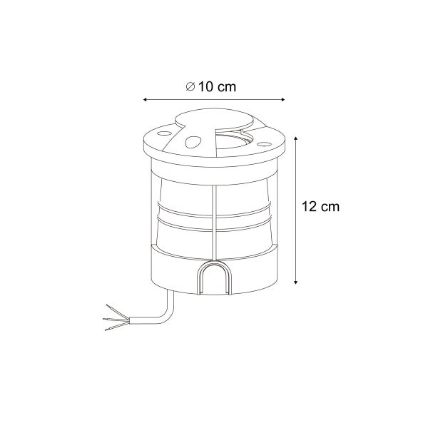 Technische Zeichnung einer runden Außenleuchte mit Maßen: Durchmesser 10 Zentimeter, Höhe 12 Zentimeter.