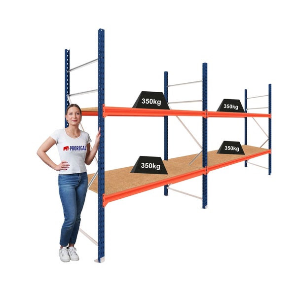 Proregal Weitspannregal mit Spanplattenböden, Tragkraft 350 Kilogramm pro Ebene, stabil und robust für Werkstatt und Lager.