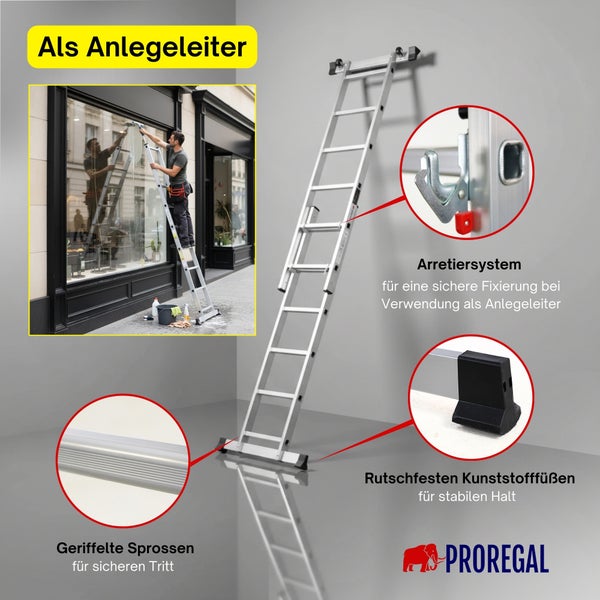 Aluminium-Anlegeleiter mit Arretiersystem, geriffelten Sprossen und rutschfesten Kunststofffüßen. ProRegal Logo.