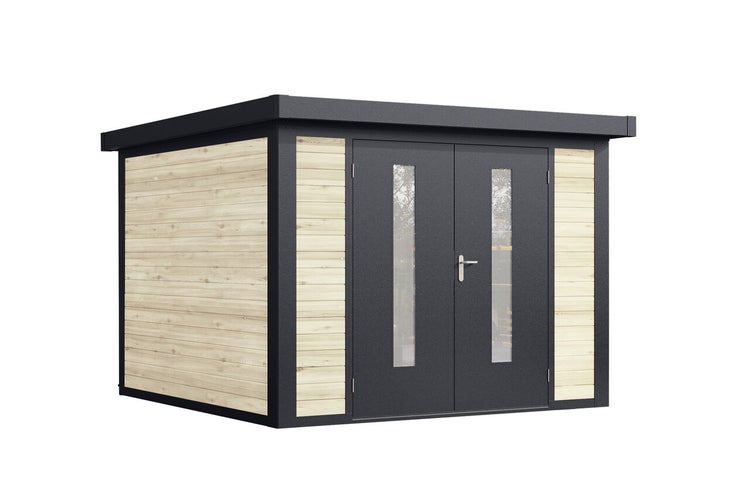 Modernes Gartenhaus mit Flachdach und Doppeltür mit Glaseinsätzen aus Holz und Metall.