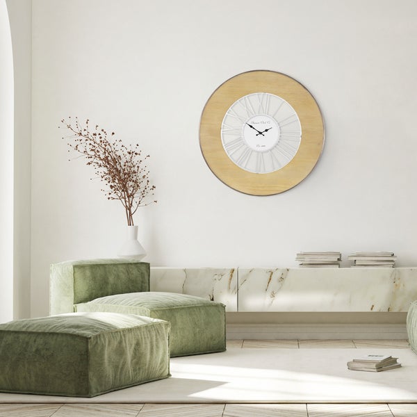 WOMO-DESIGN | XXL Große Wanduhr Alfheim rund Ø85 cm Weiß-Natur, aus Holz-Metall, Vintage-Stil, Retro Dekoration, Römische Ziffern, Lautlos, Geräuschlosem Uhrwerk, Dekorative Uhr für Wohnzimmer, Küche