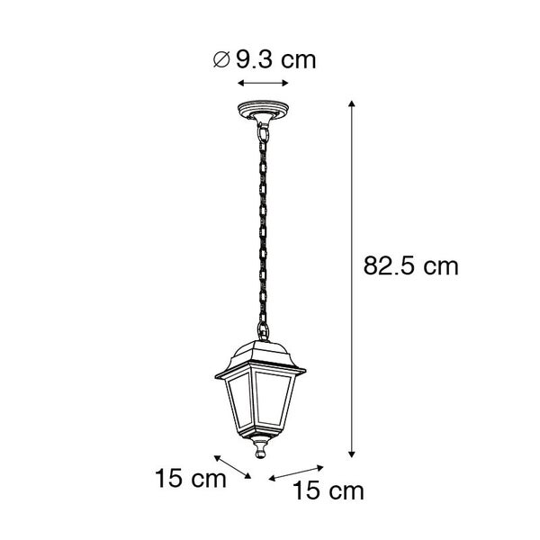 Maßskizze einer Hängeleuchte in Laternenform mit Kette: Höhe 82,5 Zentimeter, Breite 15 Zentimeter, Baldachin-Durchmesser 9,3 Zentimeter.