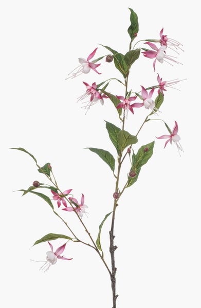 Künstlicher Rhododendron Zweig mit pfirsichfarbenen Blüten und grünen Blättern.