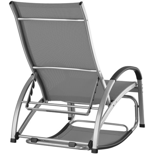 Rückansicht einer grauen Gartenliege mit Aluminiumgestell und verstellbarer Rückenlehne.