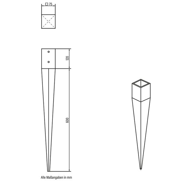 Abmessungen einer Erdspießhalterung für Pfosten