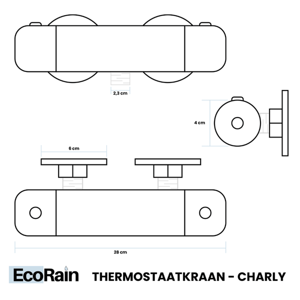 EcoRain Thermostatarmatur Charly 15 CM Anschlussabstand - Messing & Keramikscheiben - Duscharmatur - Universeller Anschluss - Korrosionsbeständig - Cooltouch - Schwarz