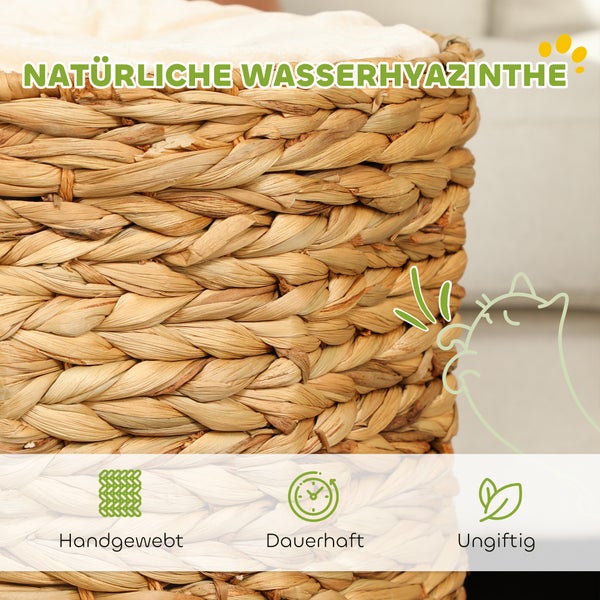 PawHut Kratztonne, 50 cm hoch Katzentonne mit 2 Höhle, Kratzbaum mit Kissen, Katzenturm aus Wasserhyazinthe, für Katze bis 3,5 kg, Hellbraun