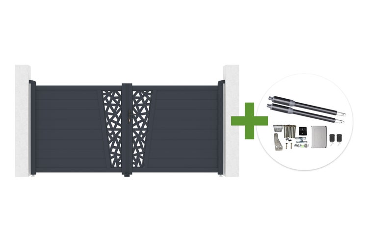 Zweiflügeliges Einfahrtstor mit dekorativem Gittermuster und elektrischem Torantrieb-Set inklusive Fernbedienungen und Montagematerial.