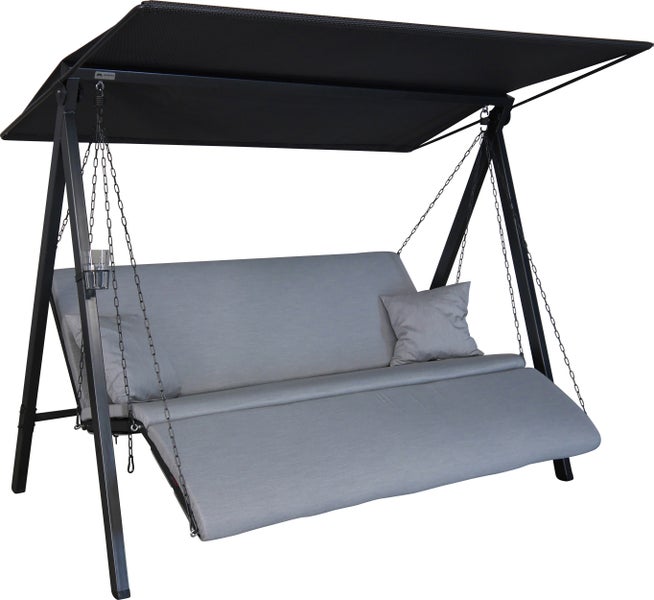 Gartenschaukel mit Dach und braunen Polstern