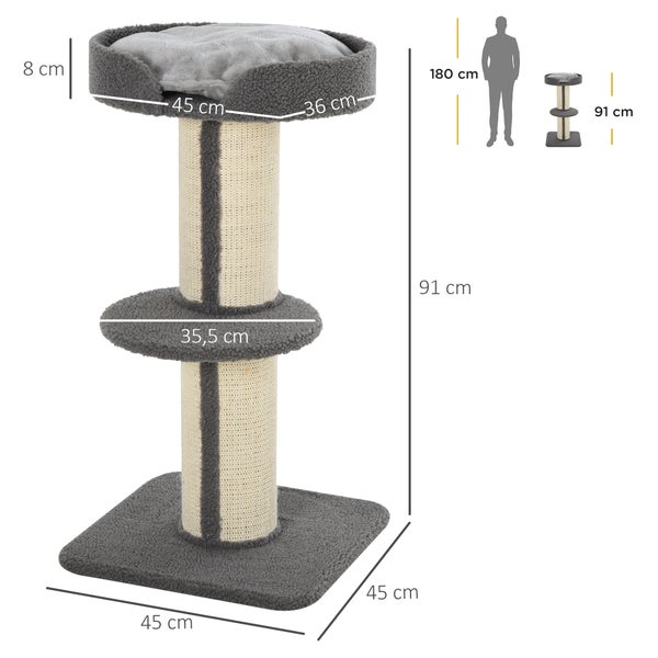PawHut Kratzbaum klein 91 cm Katzenbaum mit Katzenbett, Katzenkratzbaum Spielbaum Kratzstamm mit Plattform für Katzen bis 5 kg Sisal Lammwolle Grau