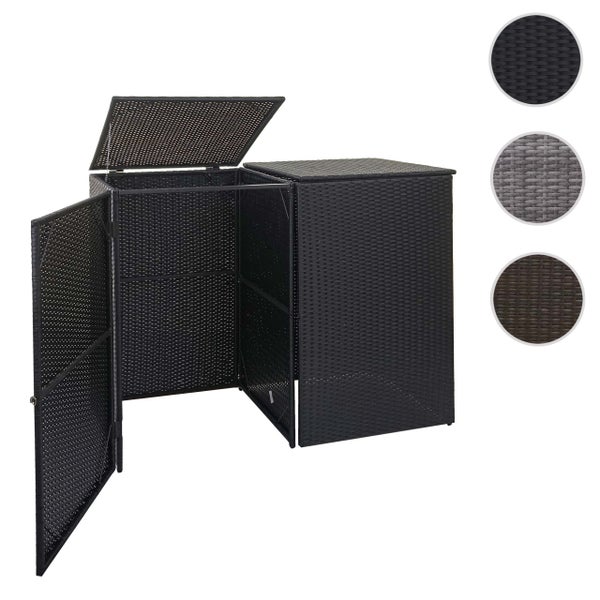 Mülltonnenbox für zwei Tonnen aus schwarzem Polyrattan mit geöffnetem Deckel und geöffneter Tür.