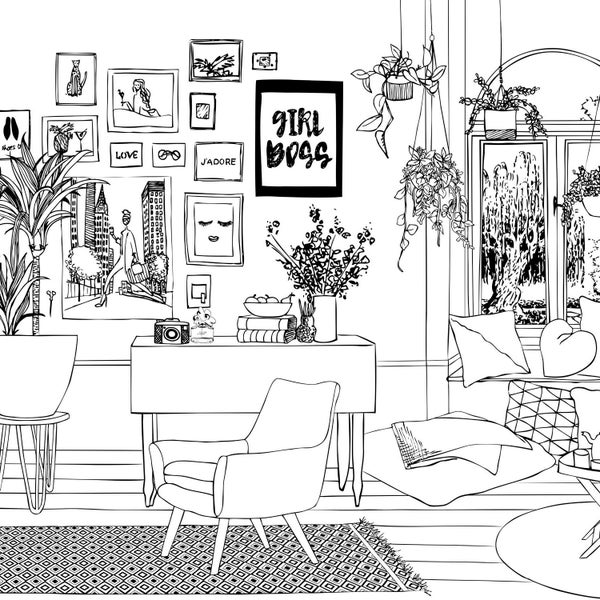 Illustration eines Wohnzimmers mit Möbeln, Dekor und Pflanzen.