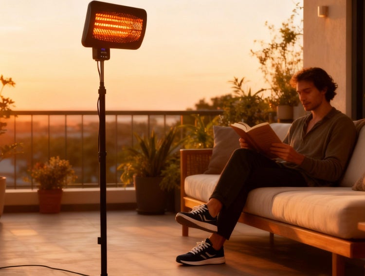 Terrassenszene mit Heizstrahler, Mann liest ein Buch auf dem Sofa