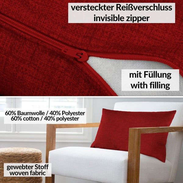 Kissenhülle Rot 30x50cm mit Füllung Leinenoptik