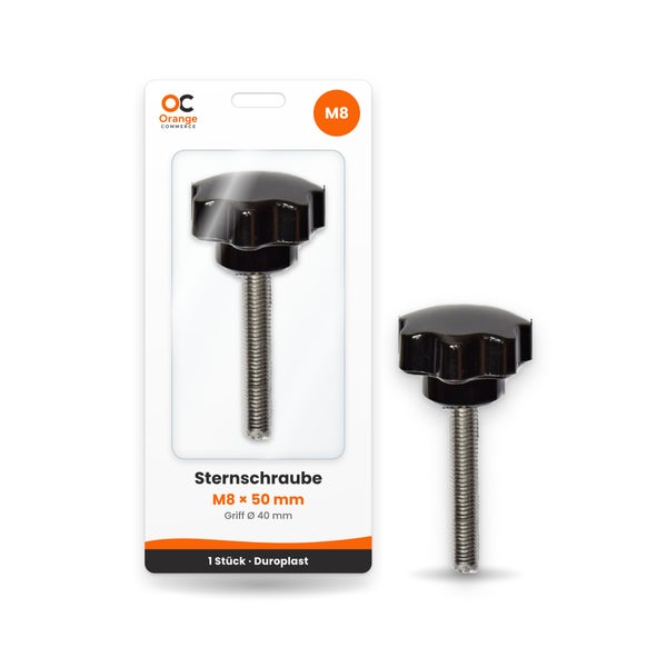 Sternschraube M8 x 50 Millimeter aus Duroplast mit 40 Millimeter Griffdurchmesser in Blisterverpackung inklusive Orange Commerce Logo
