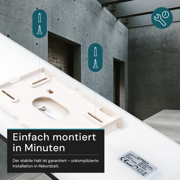 Detailaufnahme einer Montageplatte mit Installationssymbolen und Text, der eine einfache Installation in wenigen Minuten verspricht