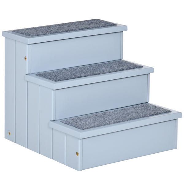 PawHut Hundetreppe 3 Stufen Katzentreppe Haustiertreppe Hundetreppe für Hunde und Katzen Tiertreppe Einstiegshilfe mit Teppich Stauraum für Sofa Bett Tannenholz Grau 40,5 x 44,5 x 38 cm